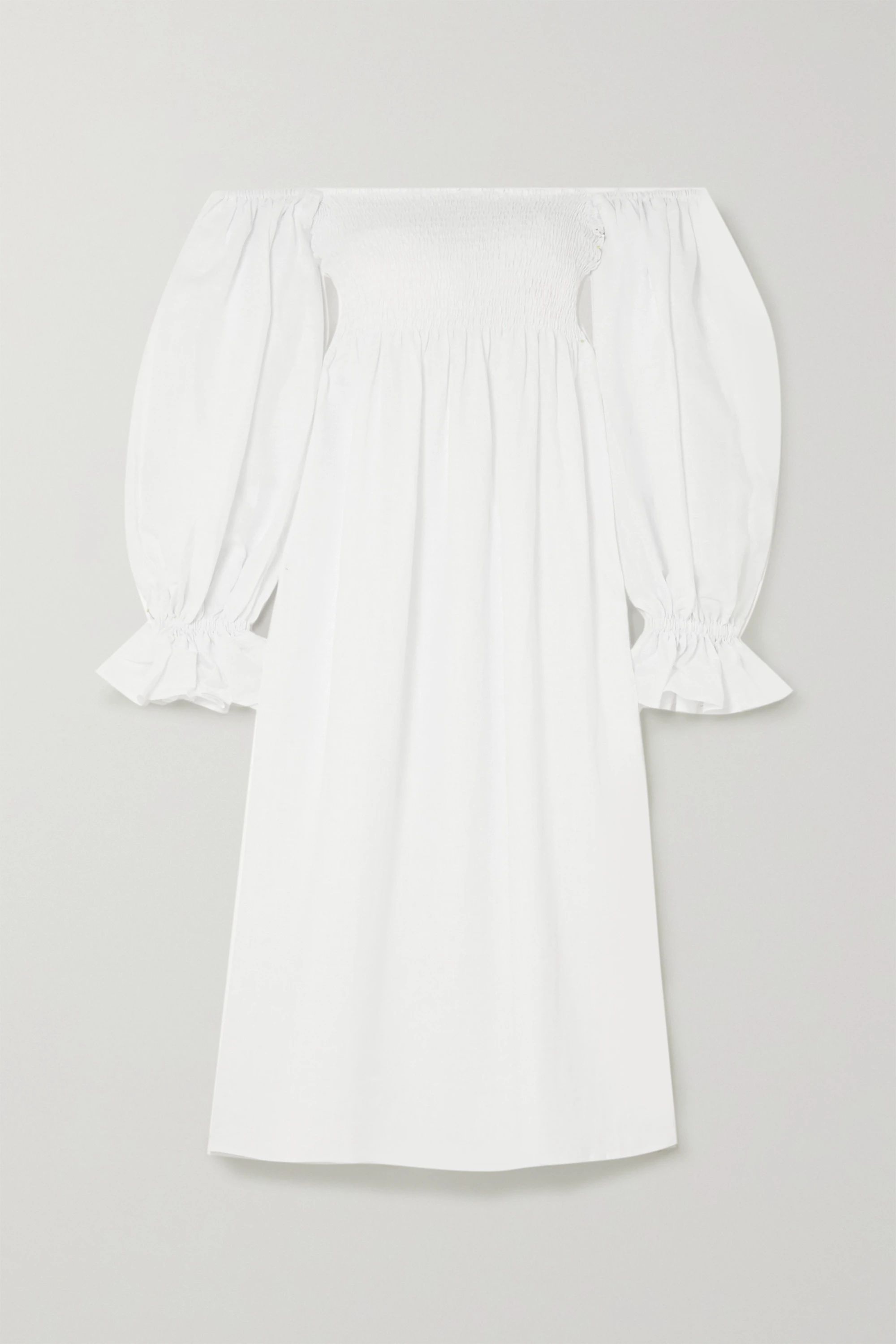 White Atlanta off-the-shoulder shirred linen midi dress | Sleeper | NET-A-PORTER | NET-A-PORTER (US)