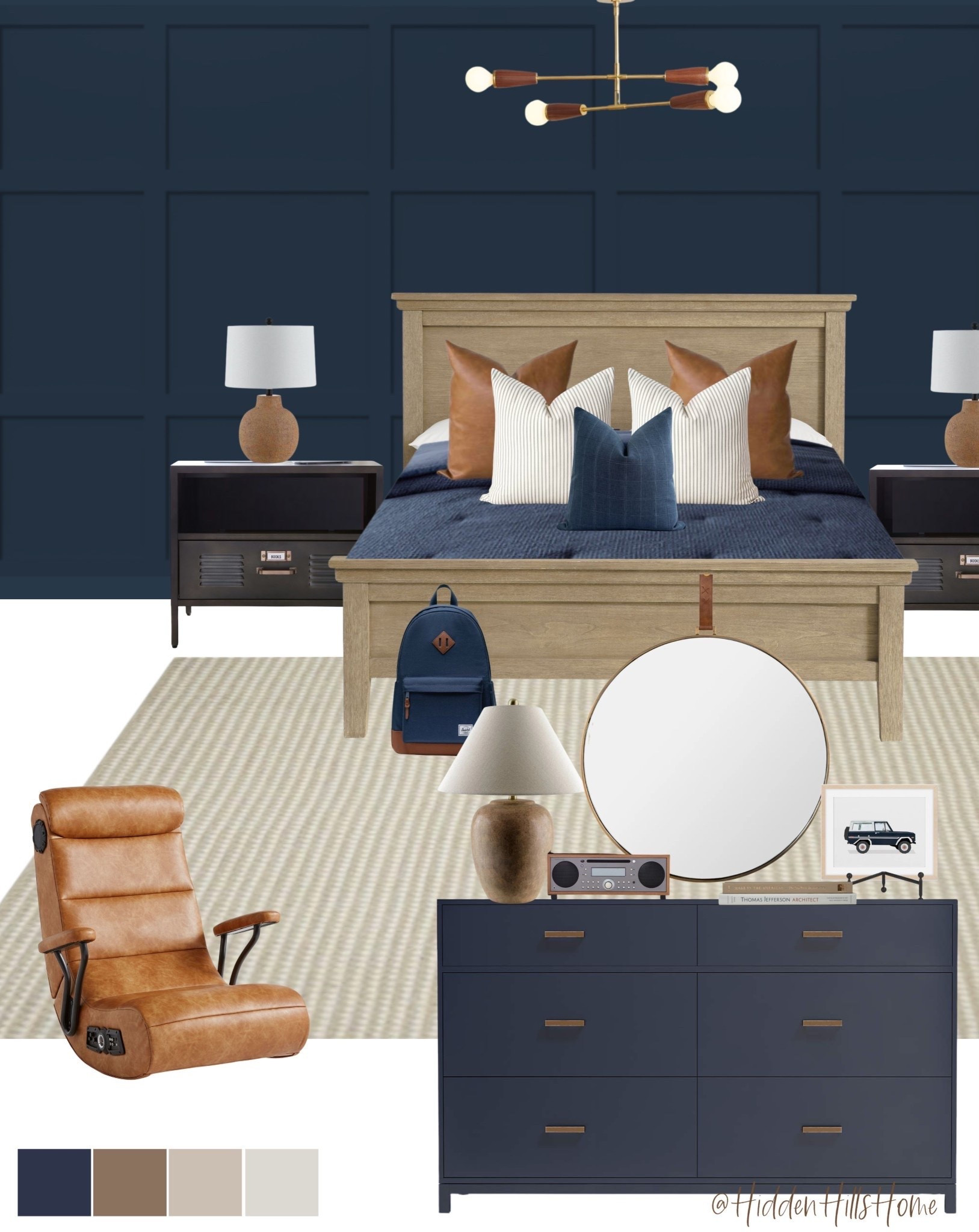 Boys bedroom decor, boys room decor ideas, boys bedroom mood board, teen boys room design, masculine boys room Inspo #boysbedroom 
Wall is SW In the Navy

#LTKHome #LTKSaleAlert #LTKKids