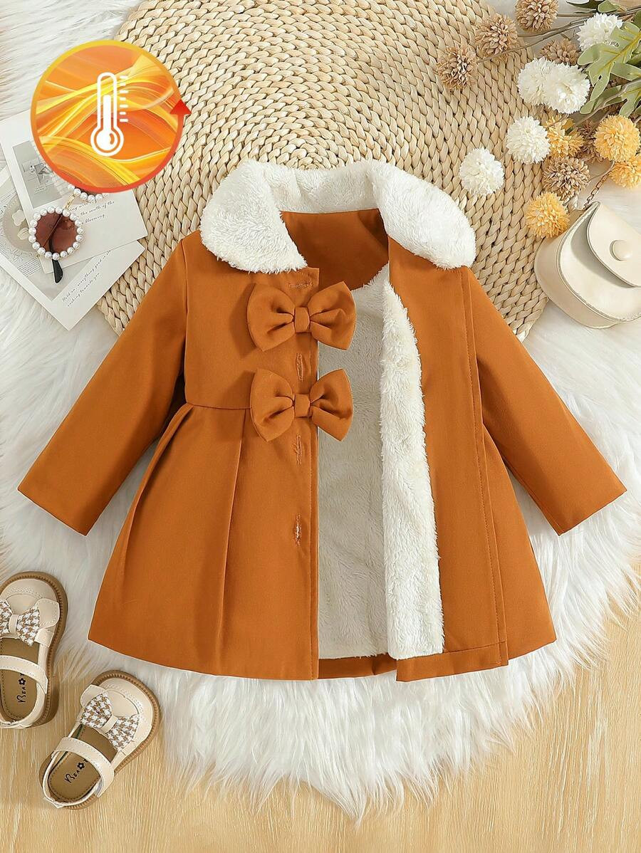 SHEIN Vintaside Kids Baby Girls Furry Collar Bow Decor Trench Coat, Autumn/Winter | SHEIN