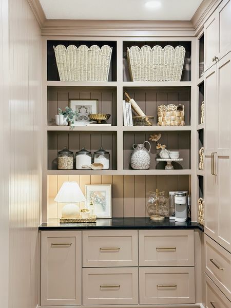 Pantry reveal 😍😍😍 the color of the cabinets is Whispering Woods by BM! 


Storage baskets lamp mugs #thebloomingnest 

#LTKsalealert #LTKhome