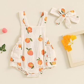 Baby Girl Peach Clothes Cotton Linen Fruit Overalls Romper Sleeveless Side Tiered Ruffled Jumpsui... | Amazon (US)