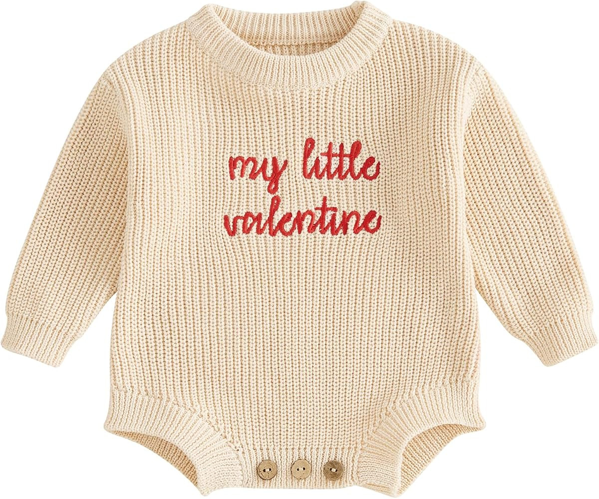 Baby Boy Girl Valentines Day Outfit Embroidery Sweater Bubble Romper Long Sleeve Knit Bodysuit On... | Amazon (US)