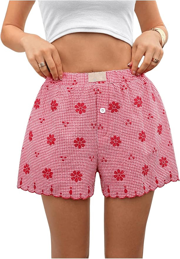 Verdusa Women's Floral Embroidery Elastic High Waist Scalloped Shorts | Amazon (US)