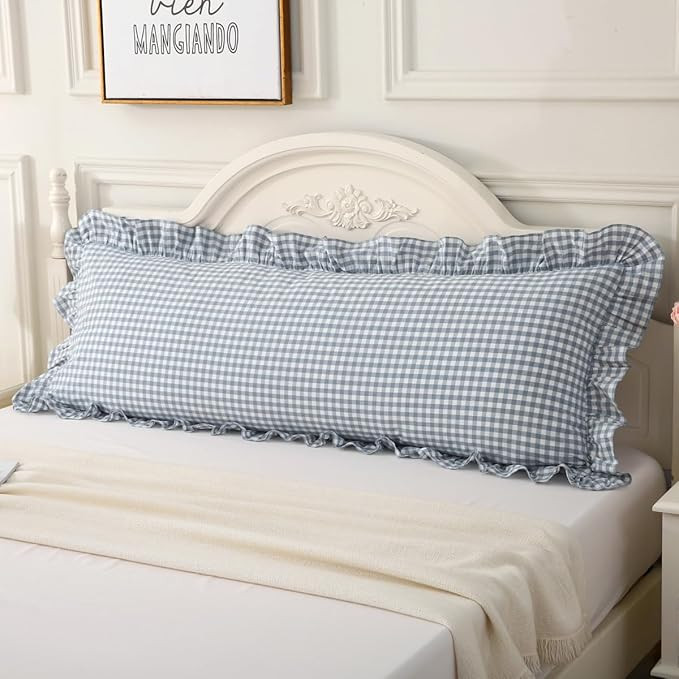Silnuo Light Blue Plaid Body Ruffle Pillow Sham,Washed Cotton Shabby Checkered Gingham Long Pillo... | Amazon (US)