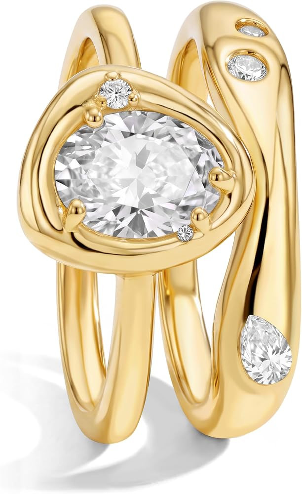 18K Gold & Silver Plated Stackable Ring Set for Women, CZ Curved Wave Stacking Bands, Statement P... | Amazon (US)