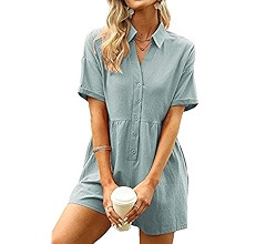 DEEP SELF Women's Summer Casual Short Sleeve Button Down Shorts Rompers V Neck Collared Jumpsuit ... | Amazon (US)