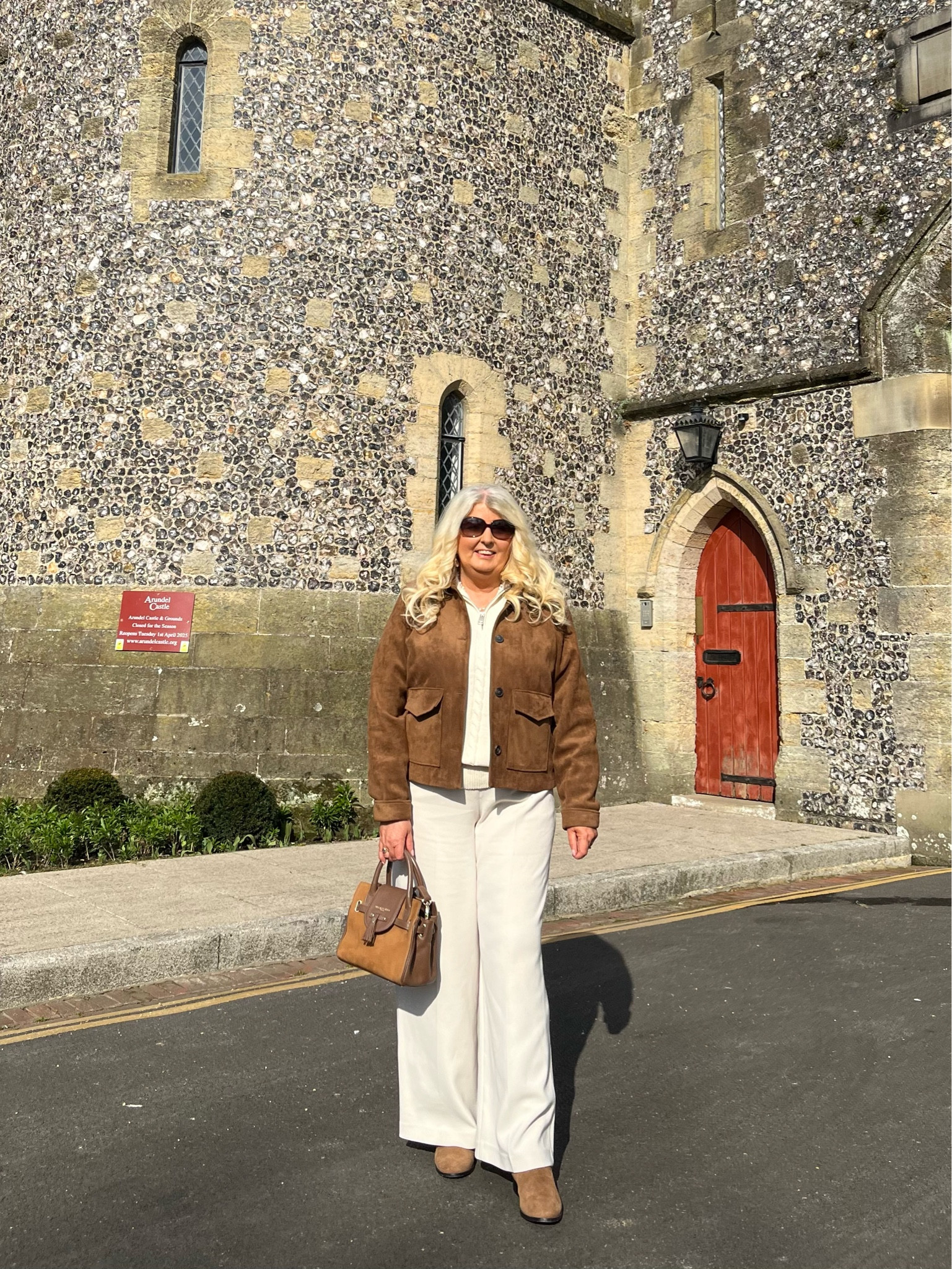 Faux suede jacket and cream tab wide leg trousers with tan faux suede accessories 

#LTKSeasonal #LTKeurope #LTKfindsunder100