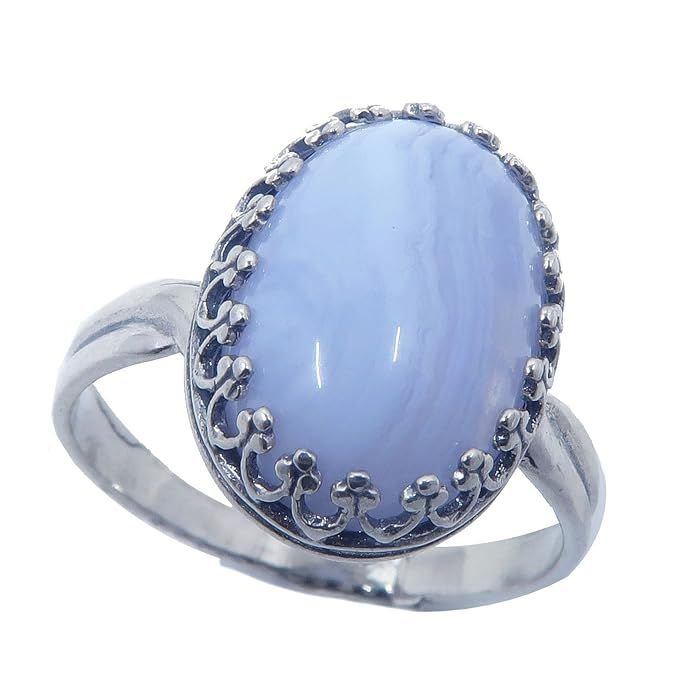 Agate Blue Lace Ring 5-8 Boutique Genuine Oval Gemstone Banded Crystal Healing Adjustable Cooling... | Amazon (US)