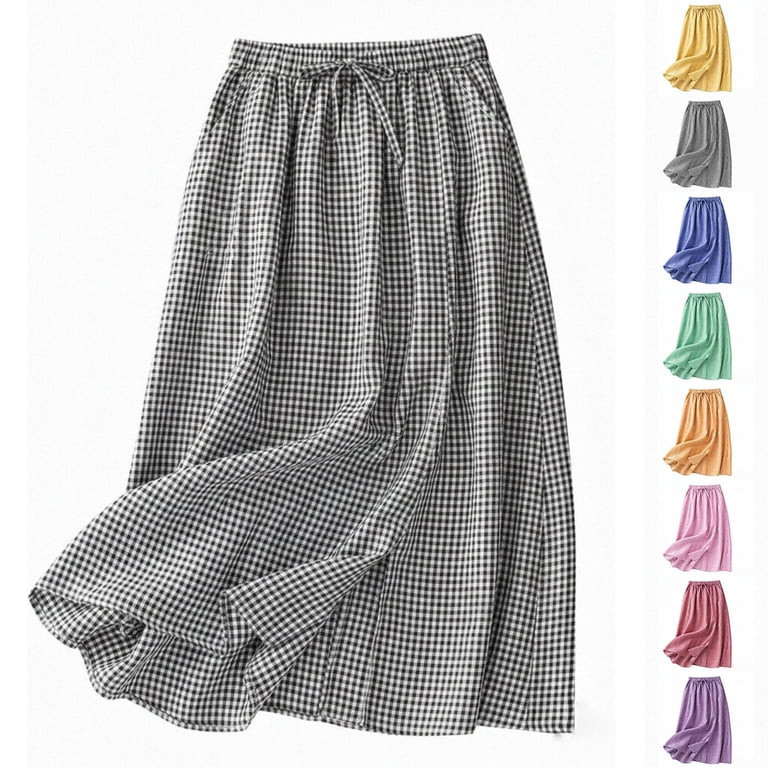 Jsaierl Women's Vintage Gingham Check Midi Skirt, Drawstring Waist Flowy A-Line Skirt, Retro Plai... | Walmart (US)