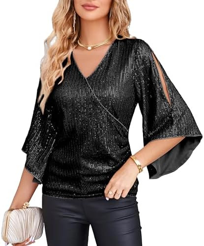 GRACE KARIN Womens Sparkly Sequin Tops,3/4 Sleeve Glitter Party Dressy Blouse,V-Neck Disco Evenin... | Amazon (US)