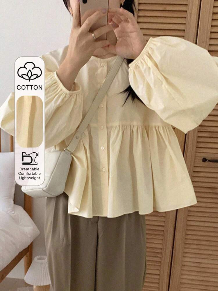 DAZY Girly Casual Crew Neck Pleated Puff Sleeve Women Blouse,Fall Clothes | SHEIN