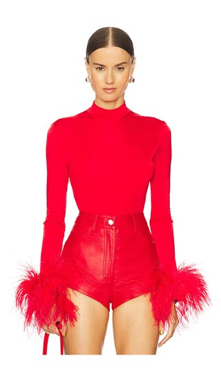 Feather Cuff Trim Bodysuit in Red | Revolve Clothing (Global)