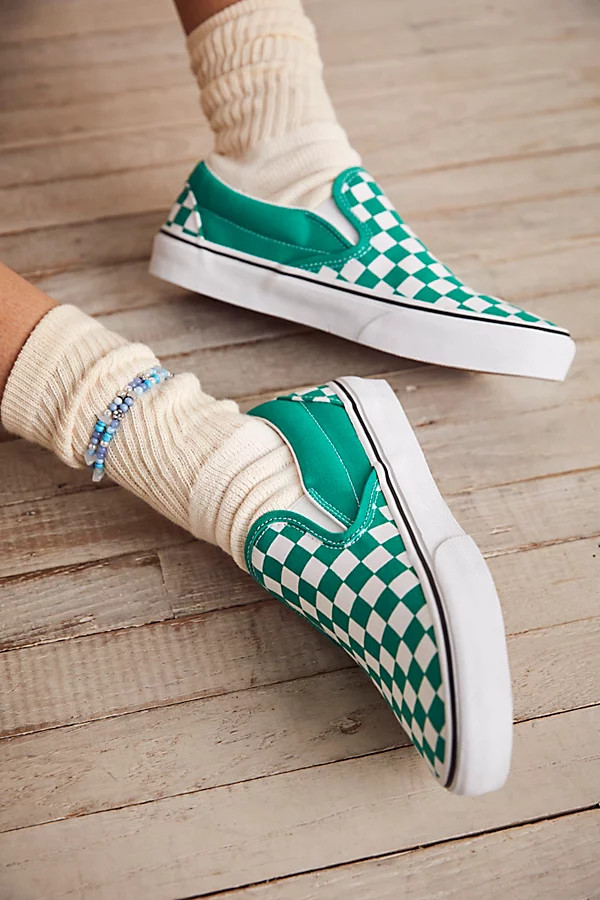Classic Checkered Slip-On by Vans at Free People, Pepper Green / True White, US 6.5 M | Free People (Global - UK&FR Excluded)