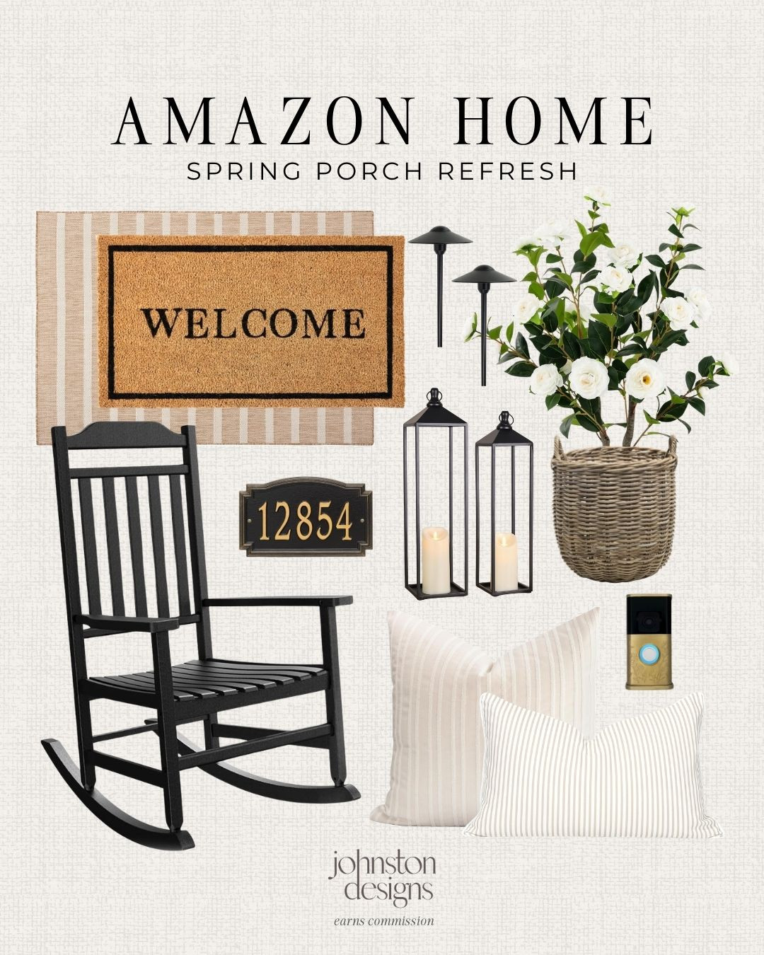 Amazon porch refresh. 🌿 Striped layered doormats, rocking chair, lanterns and neutral pillows for an inviting spring entry.

Amazon porch decor, spring porch refresh, layered doormat look, front porch styling, black rocking chair porch, outdoor lantern decor, neutral porch pillows, house number plaque, outdoor solar lights, welcoming front entry, affordable finds. 

 #LTKSeasonal #LTKHome