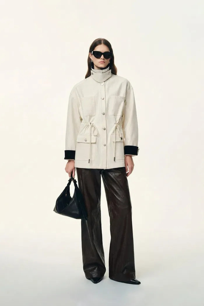 Amy Drawstring Waist White Cowboy Jacket in Cotton Denim | Fabrique
