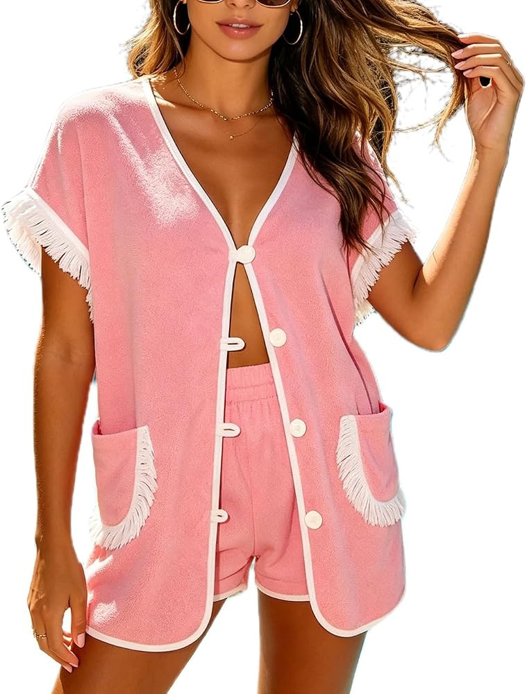Meiweileya Womens 2 Piece Shorts Set Towel Button down Fringe Trim Pajama Set Terry Cloth Loungew... | Amazon (US)