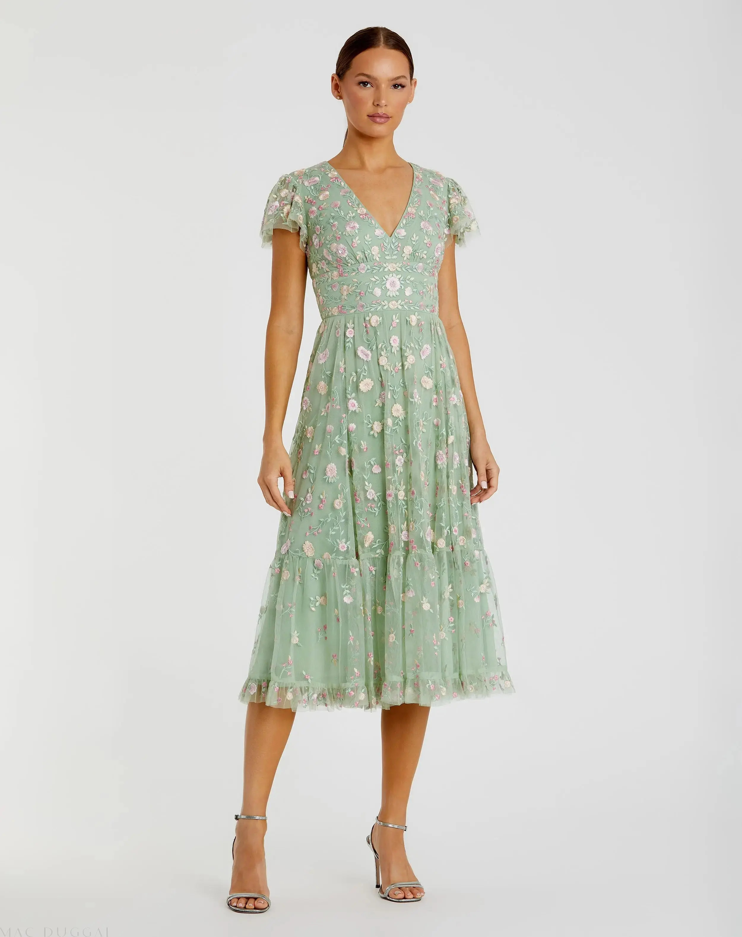 Green Multicolor Embroidered V Neck Cap Sleeve Midi Dress - Mac Duggal | Mac Duggal