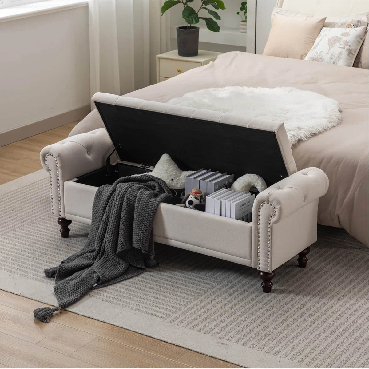 Velvet/Linen Upholstered Storage Bench With Segmented Storage Compartments | Wayfair North America