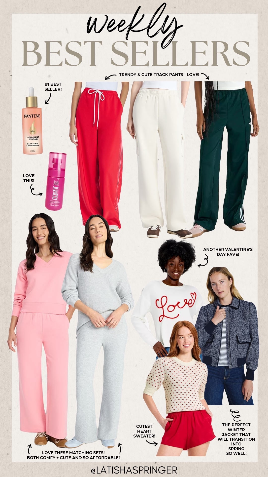 Last week’s best sellers!

#bestsellers

Best sellers. Weekly best sellers. Walmart fashion. Target fashion. Target Valentine’s Day sweater. Walmart track pants. Walmart matching lounge set. Beauty favorites. Walmart spring jacket  

#LTKSeasonal #LTKootd #LTKSaleAlert