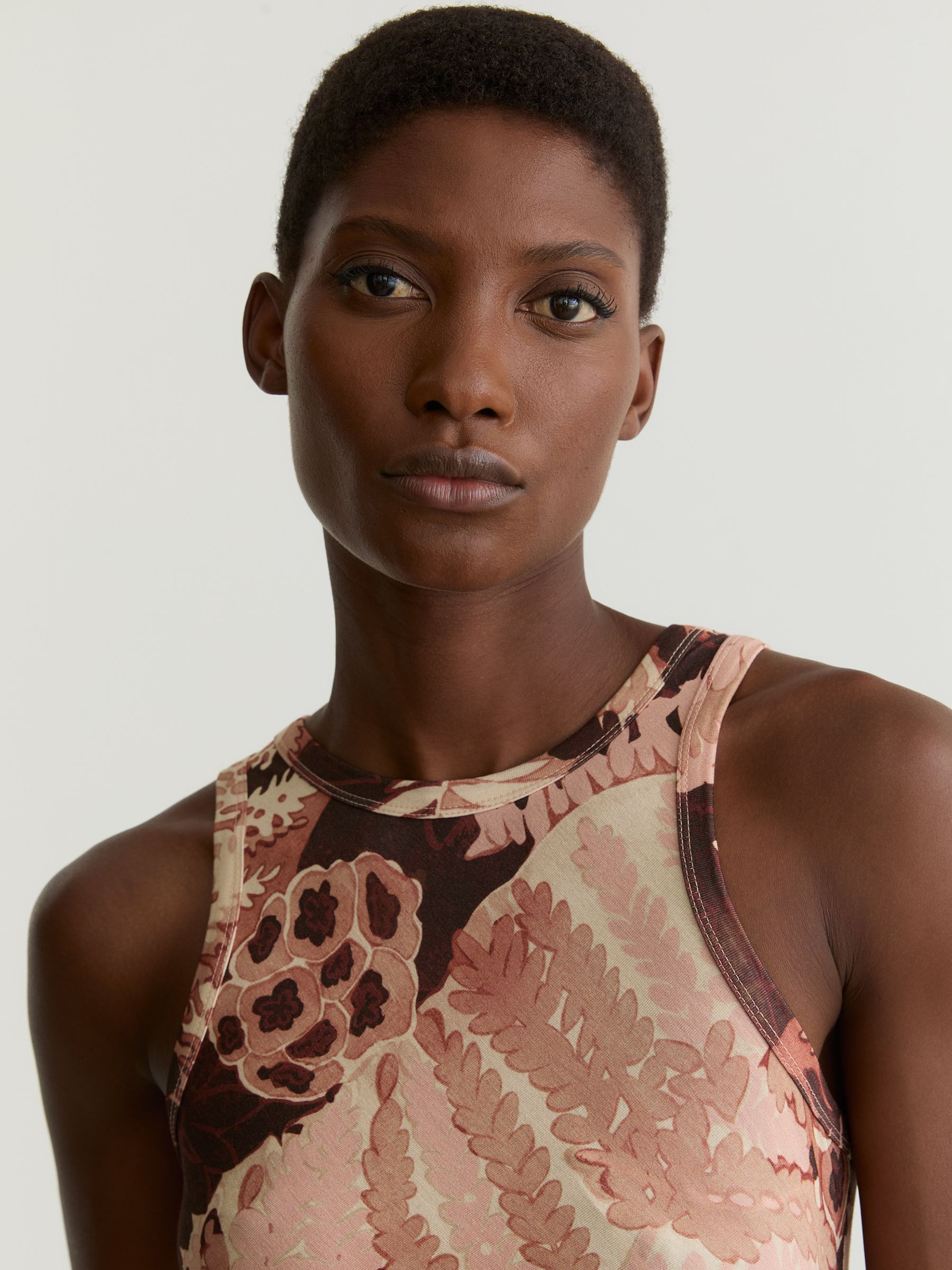 Reiss Jersey Floral-Print Ruched Midi Dress in Pink - REISS | Reiss UK