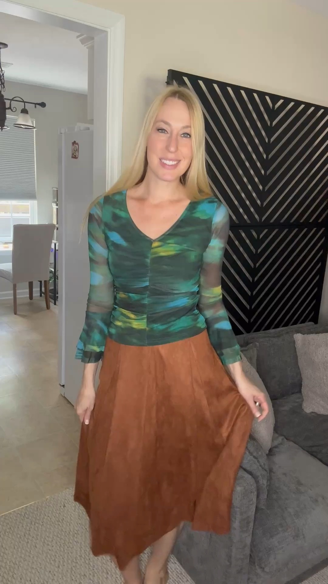 Feeling fabulous for fall 
💙 such cute colors on this shirt 
💙 i love the soft suede of the skirt - both are stretchy
💙wearing small in it, fits true to size and I am 5’10”

#LTKTall #LTKWorkwear