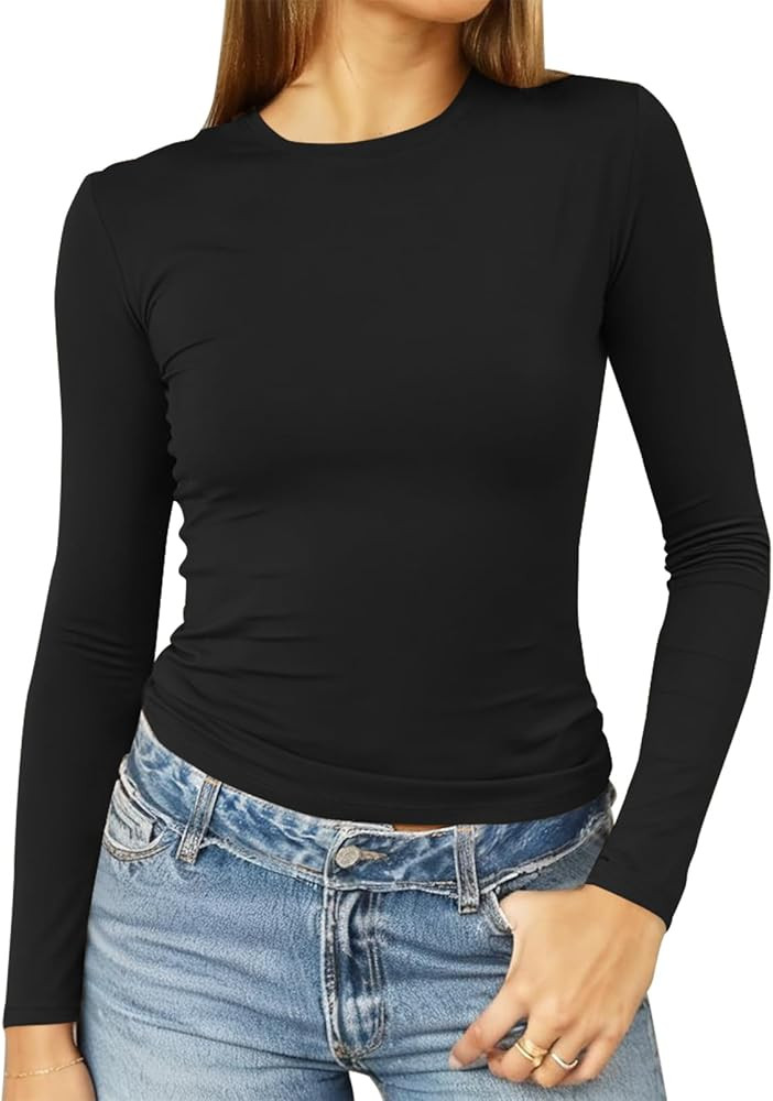 Abardsion Women's Long Sleeve Shirts Spring 2025 Casual Basic Going Out Crop Tops Slim Fit Tight ... | Amazon (US)