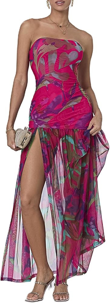 Women Strapless Tube Top Dress Summer Backless Leopard Print High Slit Long Dress Party Club Nigh... | Amazon (US)