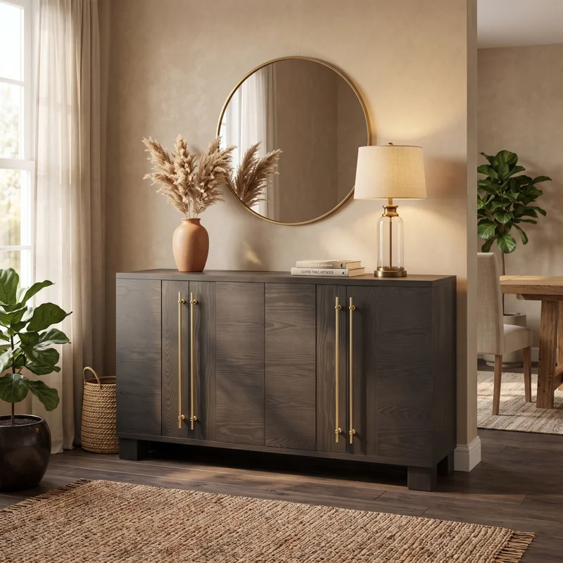60" Wood Sideboard Buffet Cabinet with Adjustable Shelves and Gold Handles, Taupe | Wayfair North America
