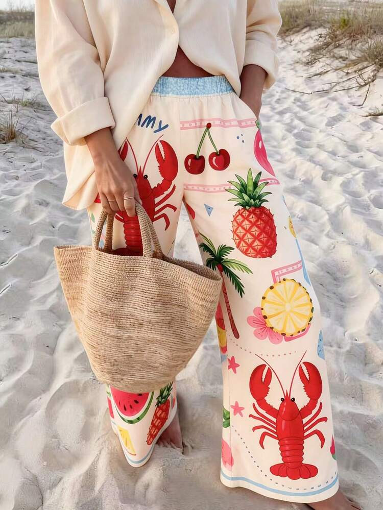 Vaclyn Women's Casual Vacation Style Fruit Print Elastic Waist Pants | SHEIN