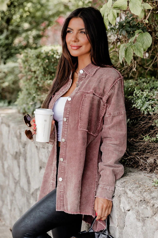 Never Know What Happens Brown Acid Washed Cord Shacket | Pink Lily