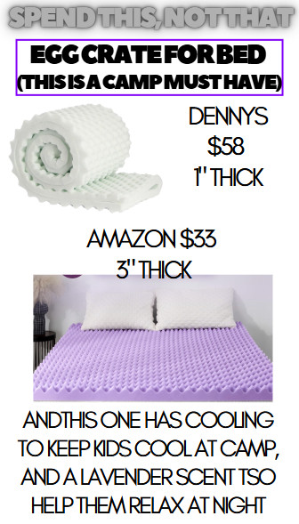 The egg crate at camp makes all the difference in a kids sleep.  The Dennys one is only 1 inch thick and is $58.  The Amazon one is 3", has cooling, and a lavender scent and is only $33.  

 #LTKmomlife #LTKHome #LTKSaleAlert