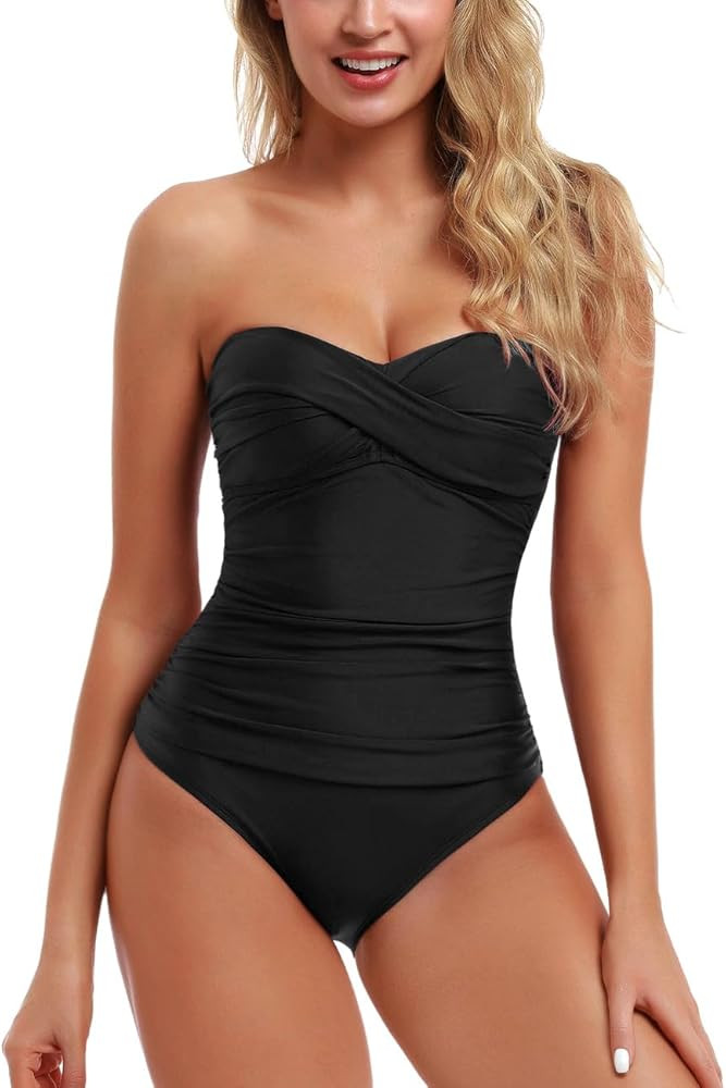 Hilor Women's Bandeau One Piece Swimsuits Front Twist Swimwear Strapless Ruched Bathing Suits Tum... | Amazon (US)