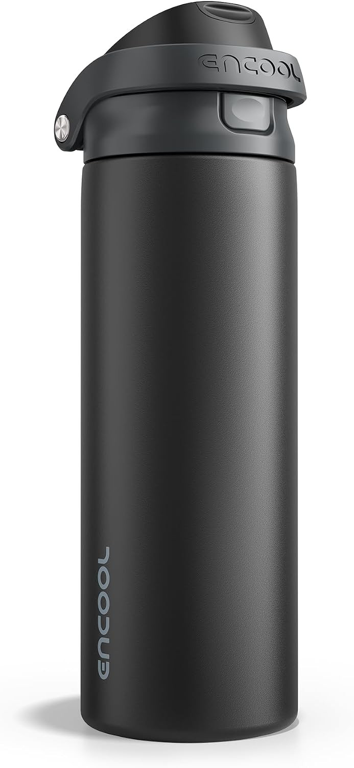 ENCOOL Leakproof Insulated Water Bottle with Straw Dual-Sip Water Bottle Bag-Safe Design for Work, Commute & Gym – Keeps Drinks Cold All Day, 24 oz, Jet Black | Amazon (US)