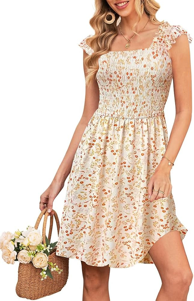 Naggoo Womens Summer Sundresses Sleeveless Square Neck Dress Floral Smocked Dress A-line Boho Bea... | Amazon (US)