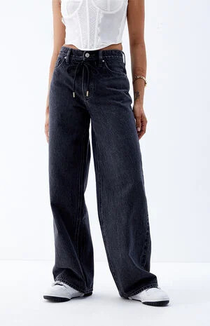 PacSun Cali Black Drawstring Baggy Boyfriend Jeans | PacSun