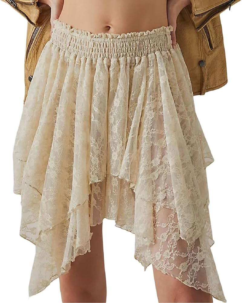 Women Y2k Lace Mini Skirts Summer Lace Slip Skirt Pleated Ruffle Floral Lace Tiered Short Skirts ... | Amazon (US)