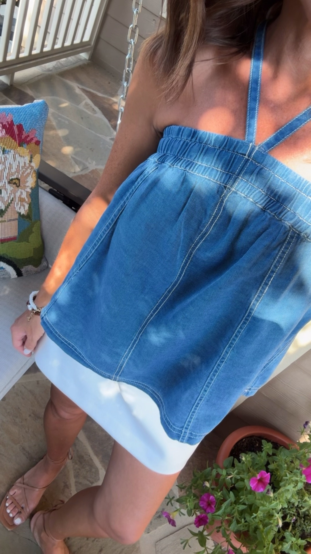 Summer concert style. Chambray halter top. Mini skort. 
Top XS. Skort 2

#LTKootd #LTKSeasonal #LTKOver40