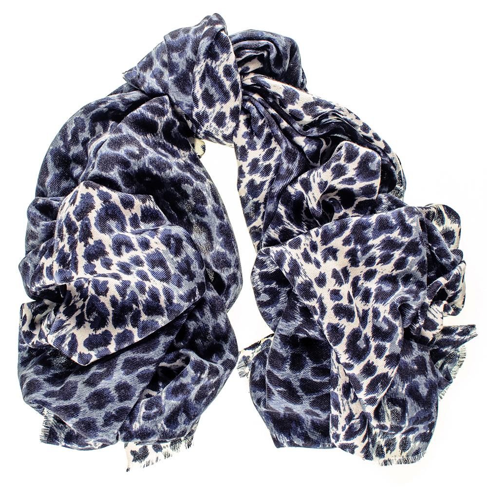 Navy Leopard Print Silk and Merino Wool Scarf | Black