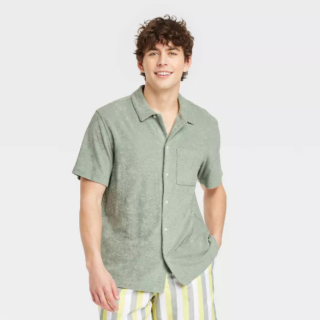 Men's Terry Short Sleeve Camp Button-Down Shirt - Goodfellow & Co™ Green | Target