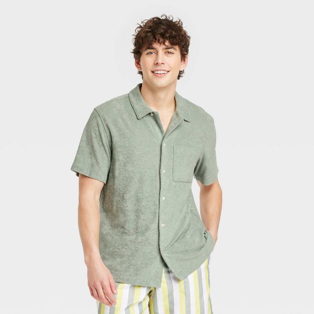 Men's Terry Short Sleeve Camp Button-Down Shirt - Goodfellow & Co™ Green | Target