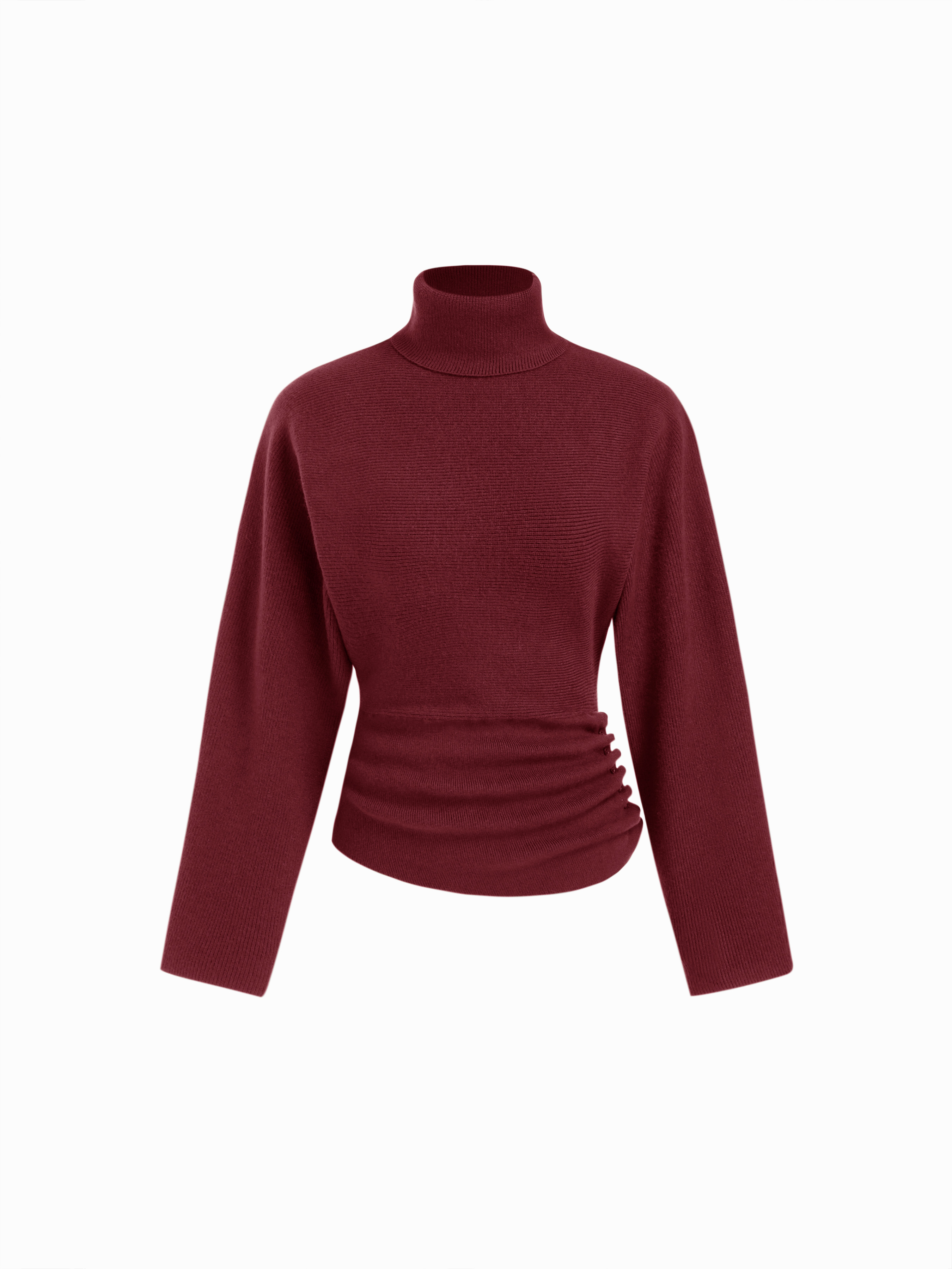 Knit Fabric Knit Turtleneck Long Sleeve Button Side Ruched Cinched Waist Top For Work | Cider