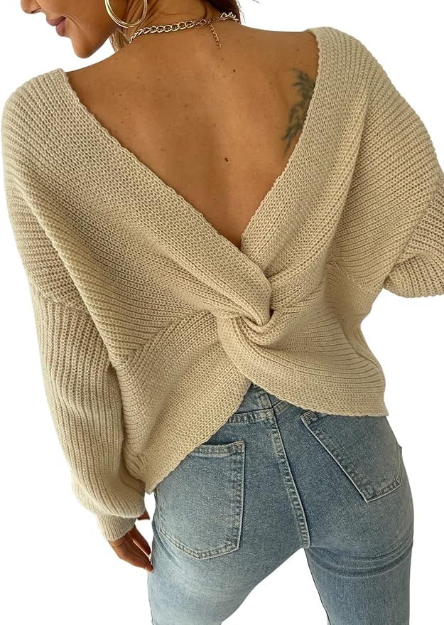 CUPSHE Women's Round Neck Sweater Ribbed Knit Twist Back Pullover with Long Sleeves | Amazon (US)