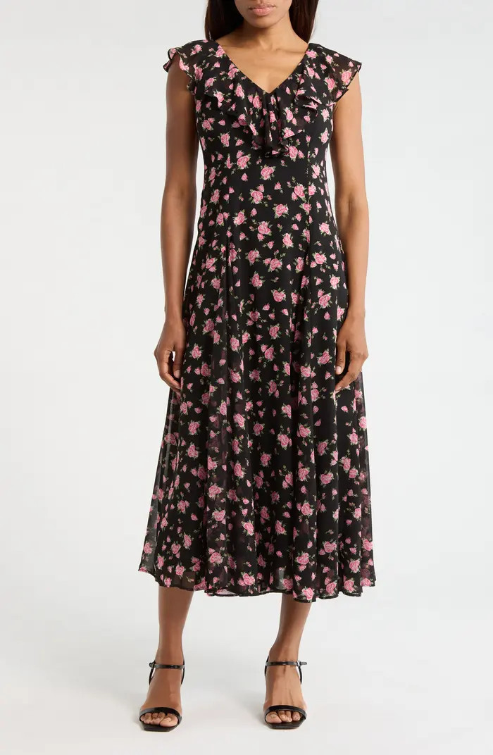 WAYF Floral Cap Sleeve Godet Midi Dress | Nordstromrack | Nordstrom Rack