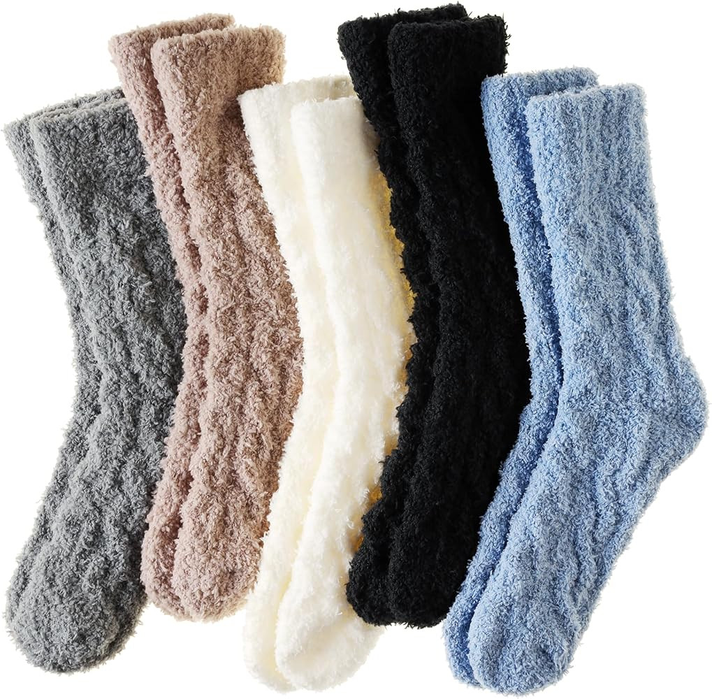 Womens Fuzzy Socks Soft Cozy Fluffy Slipper Socks Winter Warm Plush Sleeping Christmas Socks 5 Pa... | Amazon (US)