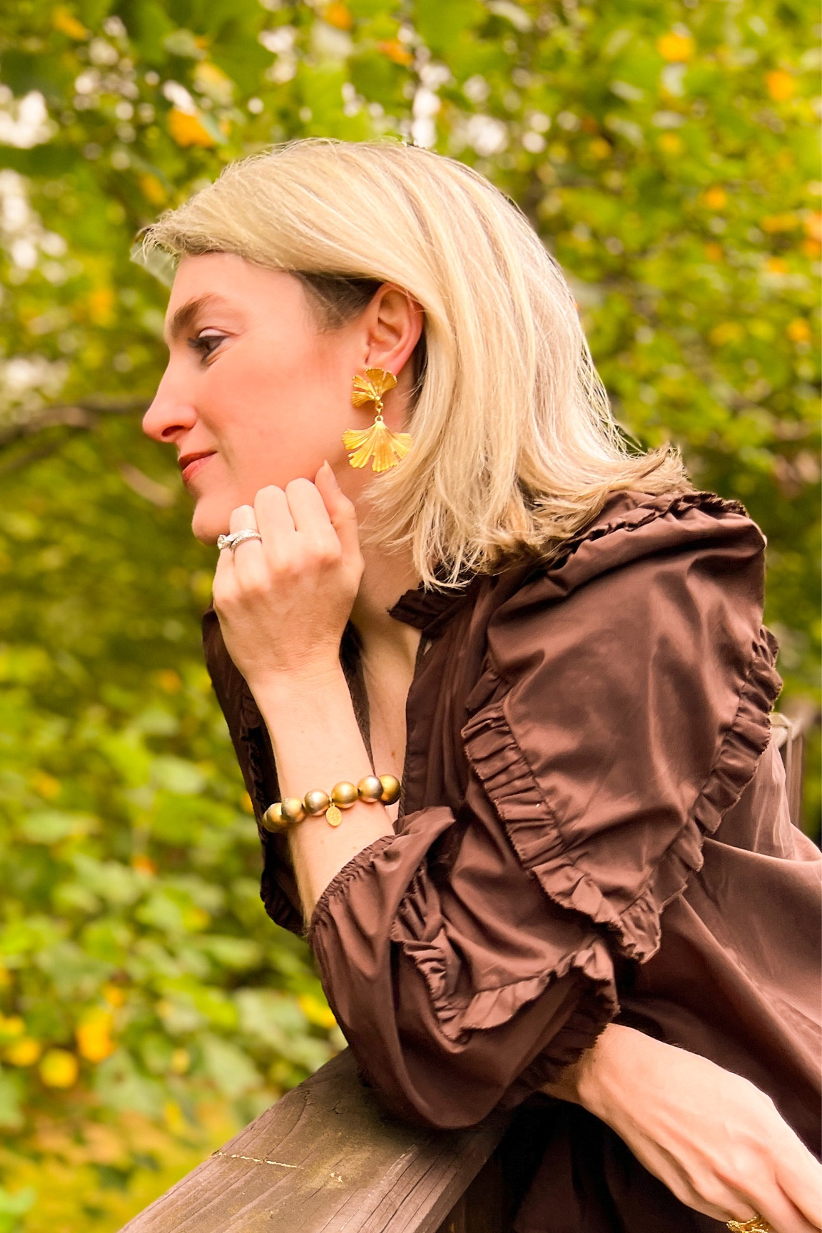 The perfect fall jewelry element is the ginkgo leaf — a botanical that’s not floral and imitates the falling leaves  