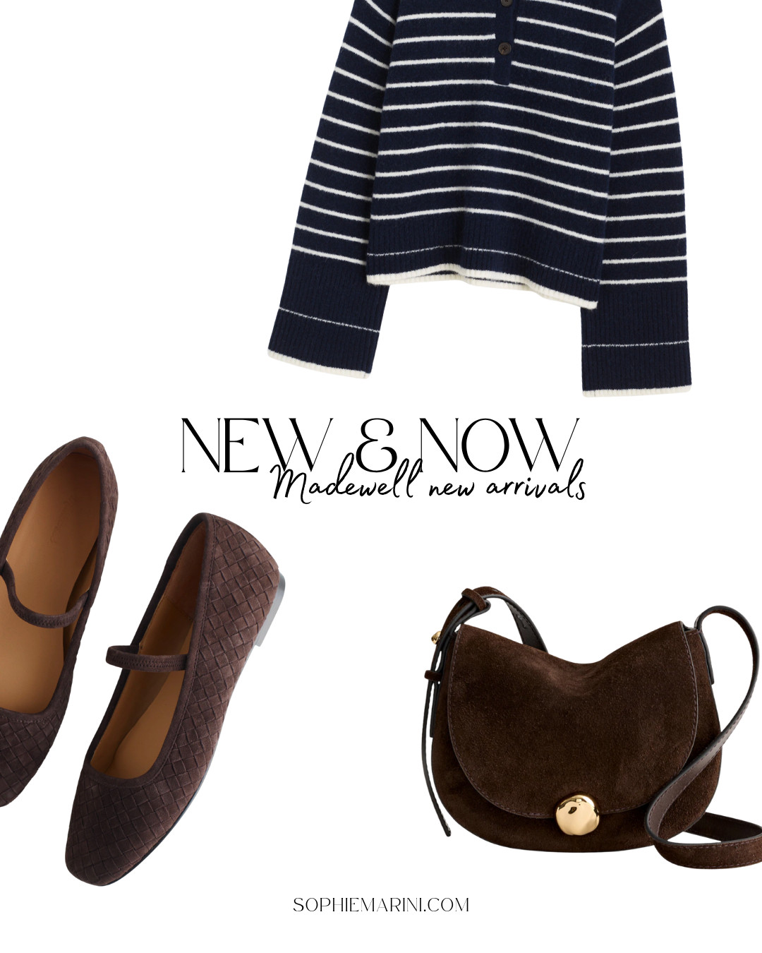New & Now: Madewell new arrivals
[Zip-Up Knit Jacket, brown Belted Satchel Bag, navy and red V-Neck Cardigan in Merino-Silk Blend, woven ballet flat, Saddle Crossbody Bag, Elongated-Buckle Belt, navy stripped polo sweater]  

 
