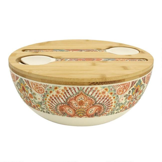 Paisley Bamboo Fiber Serving Bowl and Salad Servers Set | World Market