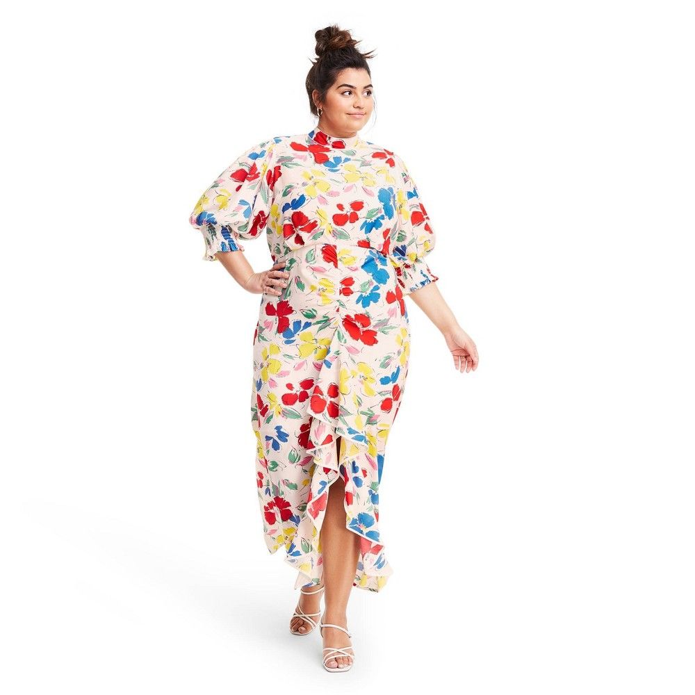 Plus Size Floral Mock Neck Cascade Ruffle Dress - RIXO for Target Cream 24W/26W, Ivory | Target