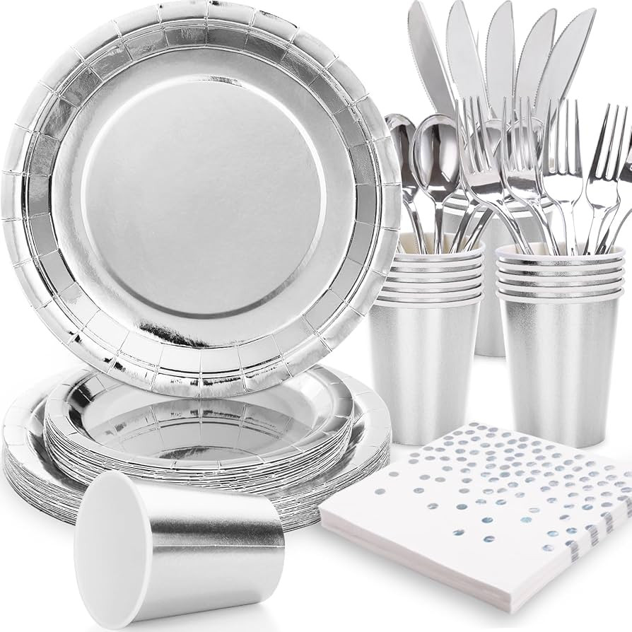 Silver Party Supplies Silver Plates Disposable Dinnerware Set,168pcs Party Plates Silver Paper Pl... | Amazon (US)