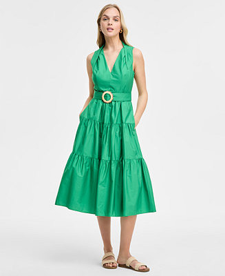 Women's Pleat-Neck Cotton Sleeveless Dress | Macy's